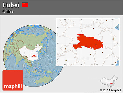 Savanna Style Location Map of Hubei, highlighted country, hill shading