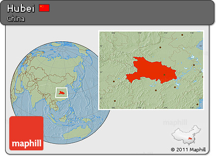 Savanna Style Location Map of Hubei, hill shading