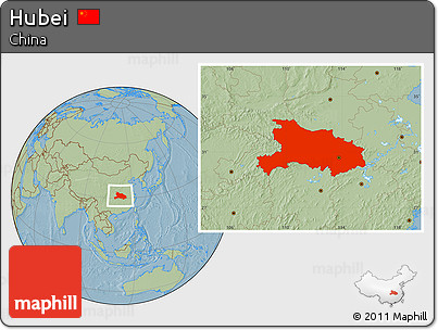 Savanna Style Location Map of Hubei, hill shading