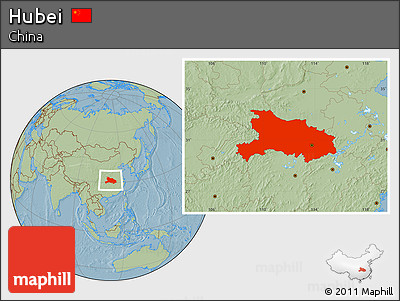 Savanna Style Location Map of Hubei, hill shading