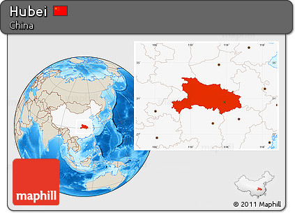 Shaded Relief Location Map of Hubei, highlighted country