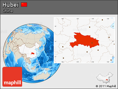 Shaded Relief Location Map of Hubei, highlighted country