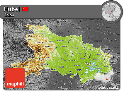 Physical Map of Hubei, darken, desaturated