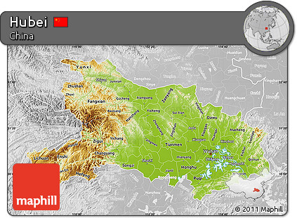 Physical Map of Hubei, lighten, desaturated