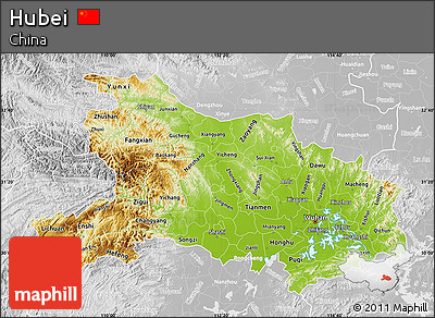 Physical Map of Hubei, lighten, desaturated