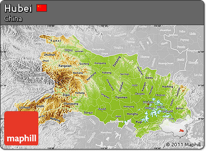Physical Map of Hubei, lighten, desaturated
