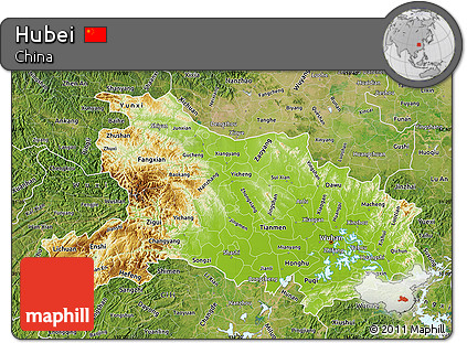 Physical Map of Hubei, satellite outside