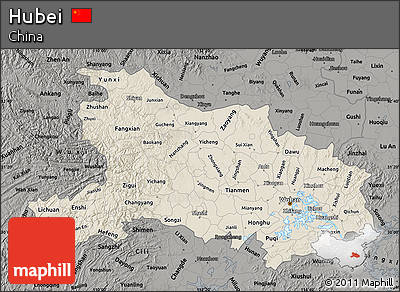 Shaded Relief Map of Hubei, darken, semi-desaturated
