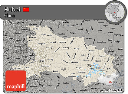 Shaded Relief Map of Hubei, darken, semi-desaturated
