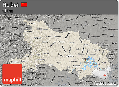 Shaded Relief Map of Hubei, darken, semi-desaturated