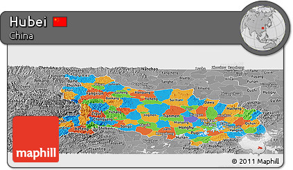 Political Panoramic Map of Hubei, desaturated