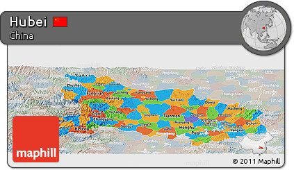Political Panoramic Map of Hubei, lighten, semi-desaturated