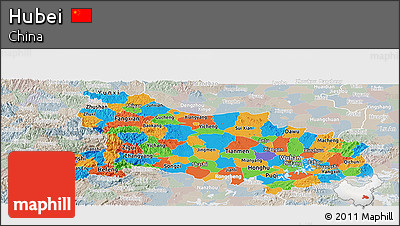 Political Panoramic Map of Hubei, lighten, semi-desaturated