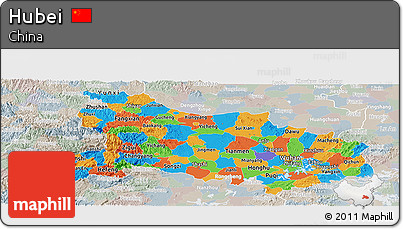 Political Panoramic Map of Hubei, lighten, semi-desaturated