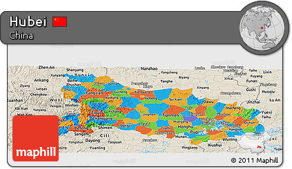 Political Panoramic Map of Hubei, shaded relief outside