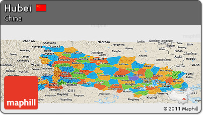 Political Panoramic Map of Hubei, shaded relief outside