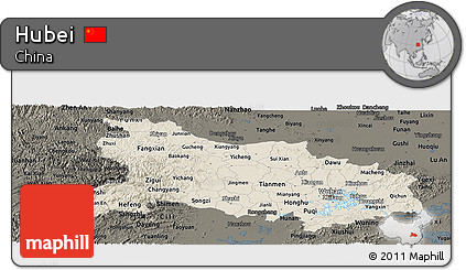 Shaded Relief Panoramic Map of Hubei, darken