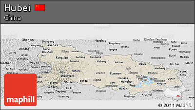 Shaded Relief Panoramic Map of Hubei, desaturated