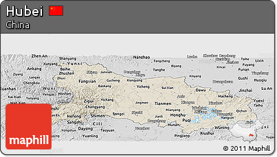 Shaded Relief Panoramic Map of Hubei, desaturated