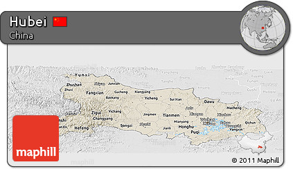 Shaded Relief Panoramic Map of Hubei, lighten, desaturated