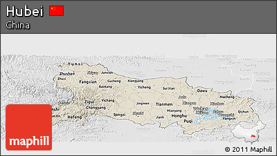 Shaded Relief Panoramic Map of Hubei, lighten, desaturated