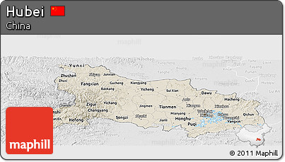 Shaded Relief Panoramic Map of Hubei, lighten, desaturated
