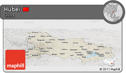 Shaded Relief Panoramic Map of Hubei, lighten, semi-desaturated