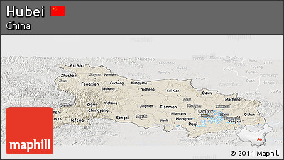 Shaded Relief Panoramic Map of Hubei, lighten, semi-desaturated