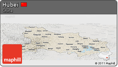Shaded Relief Panoramic Map of Hubei, lighten, semi-desaturated