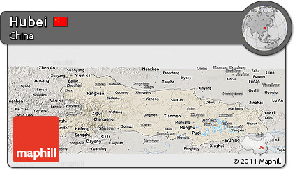 Shaded Relief Panoramic Map of Hubei, semi-desaturated
