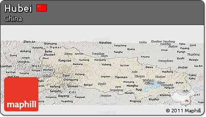 Shaded Relief Panoramic Map of Hubei, semi-desaturated