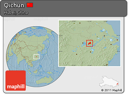 Savanna Style Location Map of Qichun, hill shading