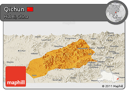 Political Panoramic Map of Qichun, shaded relief outside