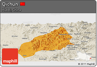 Political Panoramic Map of Qichun, shaded relief outside