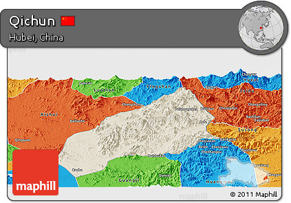 Shaded Relief Panoramic Map of Qichun, political outside