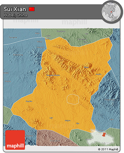 Political 3D Map of Sui Xian, semi-desaturated