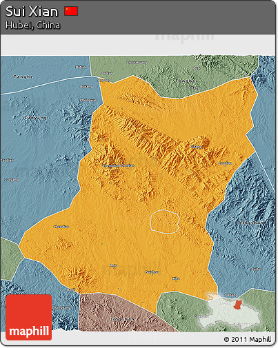 Political 3D Map of Sui Xian, semi-desaturated