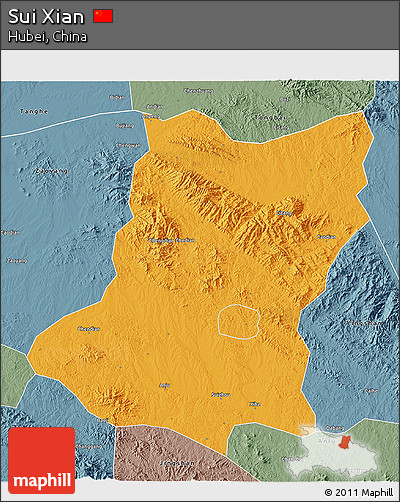 Political 3D Map of Sui Xian, semi-desaturated