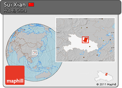 Gray Location Map of Sui Xian, highlighted parent region, hill shading