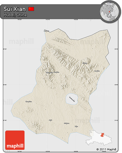 Shaded Relief Map of Sui Xian, single color outside