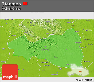 Political 3D Map of Tianmen, physical outside