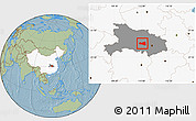 Savanna Style Location Map of Tianmen, highlighted country, highlighted parent region, hill shading