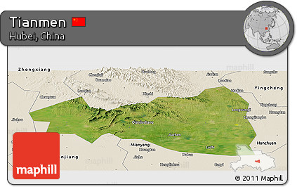 Satellite Panoramic Map of Tianmen, shaded relief outside