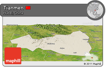 Shaded Relief Panoramic Map of Tianmen, satellite outside