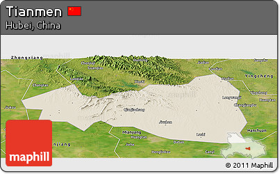 Shaded Relief Panoramic Map of Tianmen, satellite outside