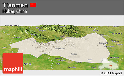 Shaded Relief Panoramic Map of Tianmen, satellite outside