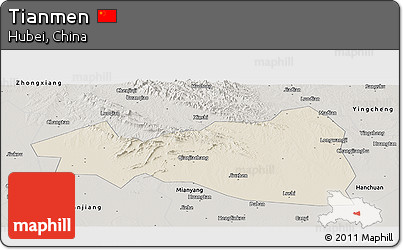 Shaded Relief Panoramic Map of Tianmen, semi-desaturated