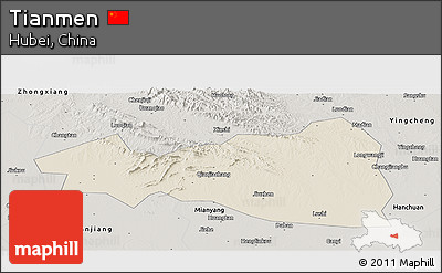 Shaded Relief Panoramic Map of Tianmen, semi-desaturated