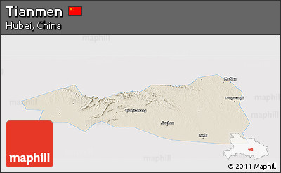 Shaded Relief Panoramic Map of Tianmen, single color outside