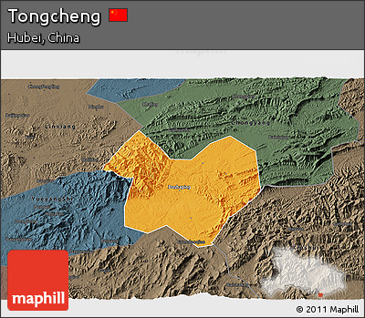 Political 3D Map of Tongcheng, darken, semi-desaturated